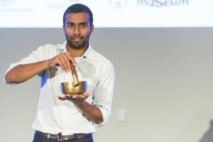 Niraj Lal with the Buddhist bowl that inspired his research into solar cells. Credit: OK-White Lane 
